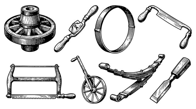 Vintage Woodworking and Wheelwright Tools Collection in Woodcut Engraving Style