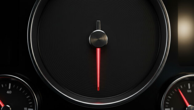 Close up of a car dashboard gauge with a red needle in a dark vehicle interior