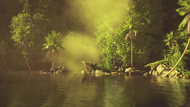foggy mangrove inlet with muted light and stilt roots, mist drifting through dense vegetation dark still water reflects hazy canopy, moody atmosphere evokes