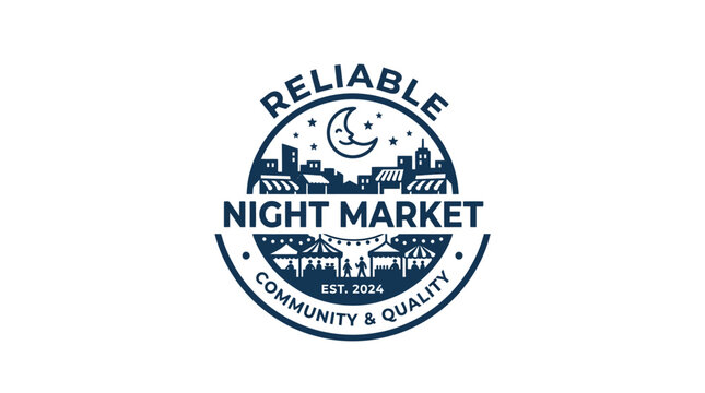 Reliable night market logo with stars and stalls.