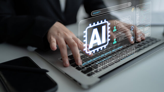Businessperson Using Laptop with AI Technology Interface for Innovative Solutions and Digital Transformation in Modern Work Environment Fluxor.