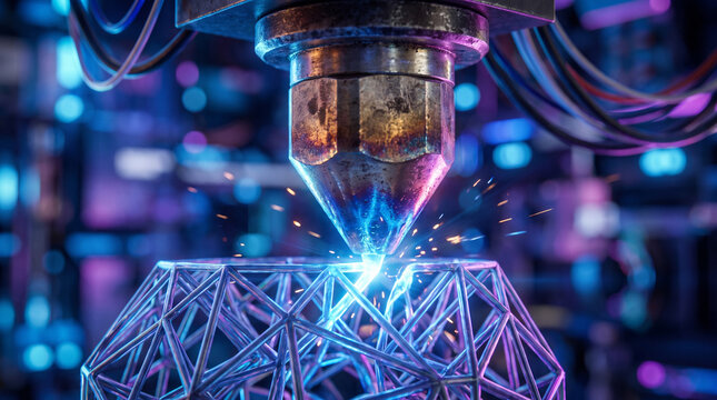 An industrial 3D printer nozzle precisely extruding glowing blue plastic filament to build a complex geometric model. Advanced futuristic additive manufacturing technology.