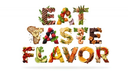 Fototapeta premium Food typography spelling Eat Taste Flavor using fresh ingredients like meat, vegetables, fruit, and seafood on white.