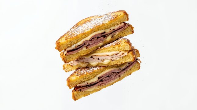 Delicious Monte Cristo Sandwich Halves with Ham Turkey and Swiss Cheese Dusted with Sugar Isolated on White Background