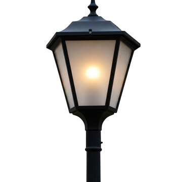 Illuminated black street lamp post isolated on transparent background