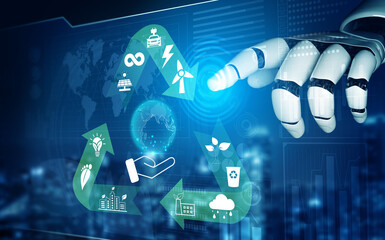 Naklejka premium Futuristic Robotic Hand Interacting with Sustainable Technology and Eco-Friendly Icons Representing Renewable Energy and Recycling Concepts Quark.