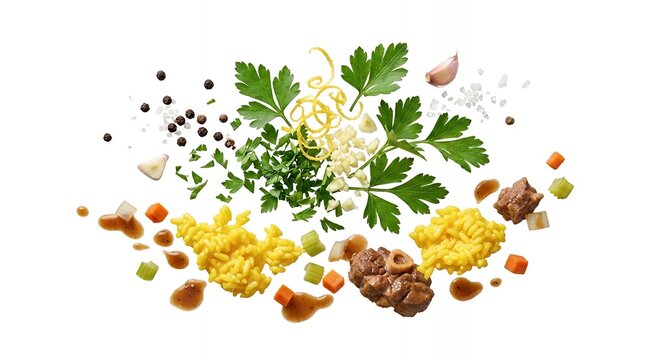 Deconstructed Traditional Italian Ossobuco Dish with Flying Veal Shank Saffron Risotto and Fresh Gremolata