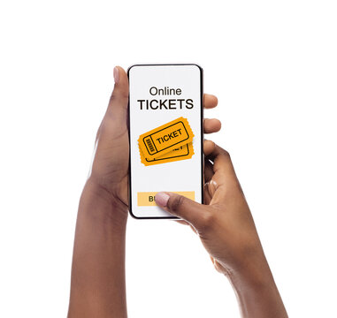 Event Tickets App On Phone Screen In African American Woman Hands Isolated On White Studio Background. Closeup, Empty Space