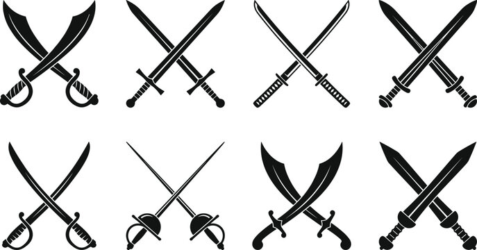 Collection of various crossed sword including scimitars, broadswords, and rapiers in a flat black silhouette style on a white background