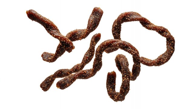 Gourmet Spicy Beef Jerky Meat Strips with Pepper and Salt Seasoning Isolated on White Background Protein Snack