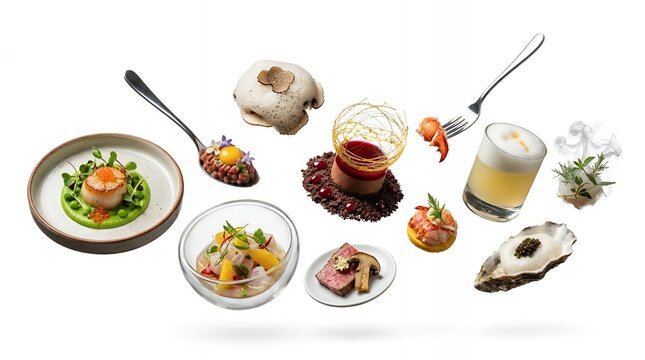 Exquisite Collection of Gourmet Fine Dining Dishes and Cocktails Floating Over a Clean White Background