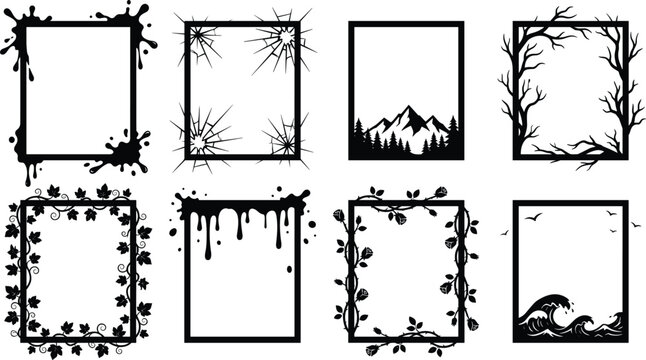 Set of eight decorative square frames with various artistic borders including ink splashes, cracked glass, mountains, trees, vines, and ocean waves