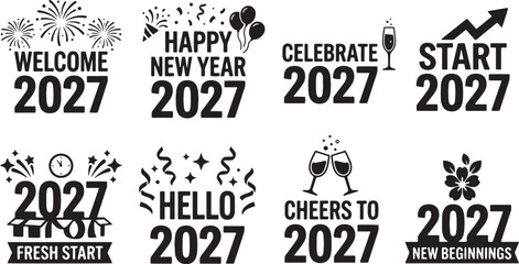 Fototapeta premium 2027 New Year, Happy Year, Celebration Vector Labels, Typography Set isolated on Transparent Background