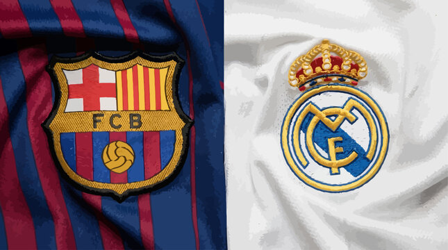 FC Barcelona and Real Madrid logos on fabric close-up