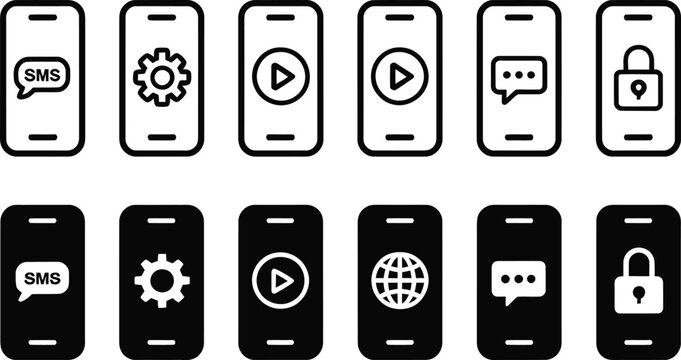 Smartphone app icons set messaging settings video browser chat security interface elements