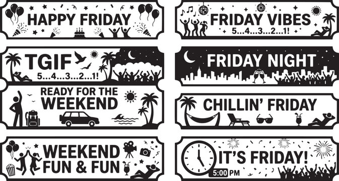 Friday motivation stickers, weekend fun labels, TGIF icons, happy friday graphics, social media elements isolated on Transparent Background