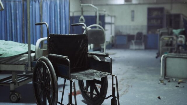 nostalgic vintage ward with wheelchair, faded beds and worn flooring, soft muted light through curtains, old monitors and equipment, quiet reflective mood