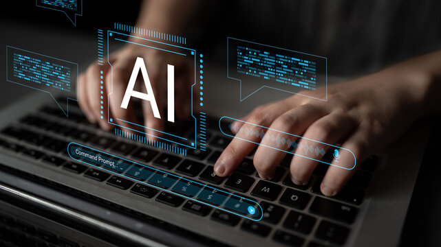 A close-up shot of hands typing on a laptop keyboard, showcasing modern technology and communication, with digital overlays representing artificial intelligence concepts. Cyphers