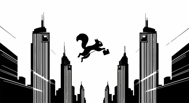 Energetic squirrel with briefcase leaps between city skyscrapers in black and white illustration