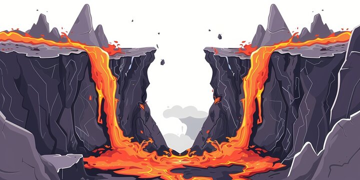Cartoon vector illustration of lava flowing down a steep mountain cliff. Volcanic eruption scene for game background design. Banner with copy space