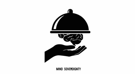 Fototapeta premium Hand holding a covered dish with a brain inside, symbolizing intellectual nourishment and ideas.