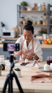 Woman Preparing Dough in Bright Modern Kitchen with Natural Light