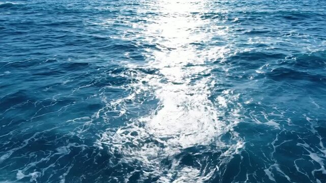 Deep blue ocean waves rolling with sun glare reflection, aerial view of tropical sea surface and crashing white foam for background, or relaxation