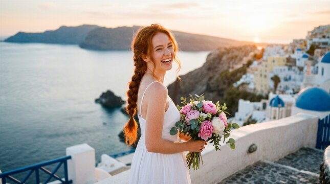 Happy bride laughing with a bouquet of flowers in Santorini. Woman in white dress on tropical island at sunset. Destination wedding travel concept for summer honeymoon vacation.