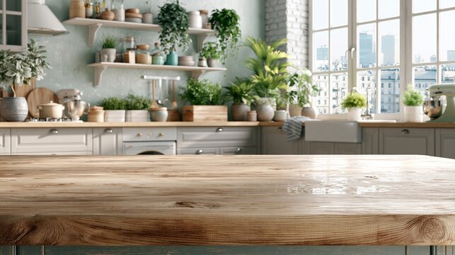 Wooden table shown up close, clear in the middle. Kitchen behind it, soft and bright, has shelves, plants, and a window with a city view.