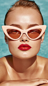 Close up portrait of person wearing white sunglasses and red lipstick in bright sunlight by water