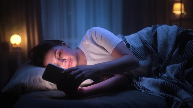 A tired young brunette woman lies in bed at night, staring at her smartphone screen and scrolling through social media while suffering from insomnia and sleeplessness.