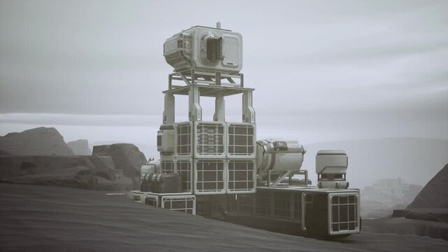Remote relay structure at sunset. Signal transmission tower on desolate ridge at dusk. Barren hilltop with communication dishes during sunset glow