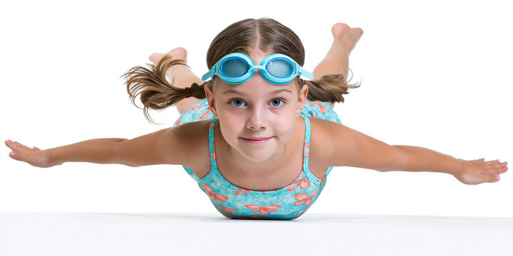 Child Swimming Mid-Air with Goggles in Bright Indoor Pool Playful Pose