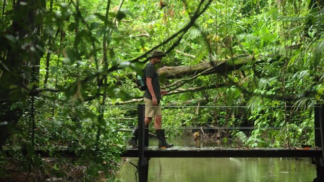 Father and son hikers cross a wooden footbridge over murky water in Costa Rica jungle. Dense tropical rainforest surrounds them with lush green foliage and vines hanging from trees.