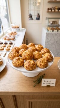 High angle shot of minimalist white display stand with golden comte cheese goug&egrave;res