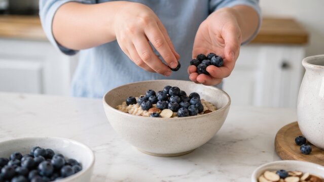 Child adding blueberries to a breakfast bowl in kitchen