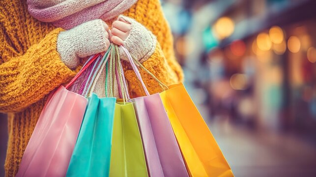 Person with shopping bags in a shopping street, consumerism concept