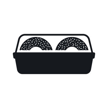 Donuts in a box icon. Black silhouette. Front and side view. Vector simple flat graphic illustration. Isolated object on a white background.