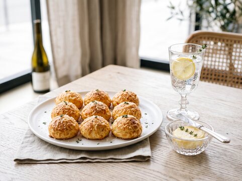 Minimalist French brunch with warm cheese goug&egrave;res and premium butter on white porcelain