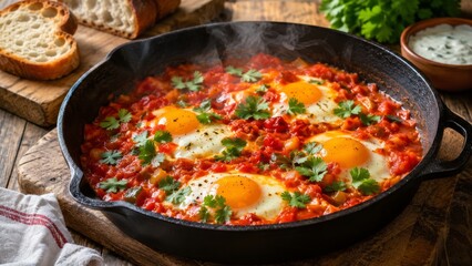 Fototapeta premium Steaming shakshuka breakfast in a rustic cast iron pan