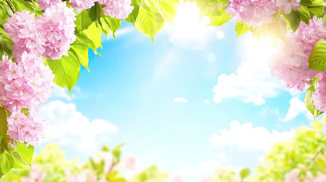 Pink blossoms frame sunny spring sky; perfect for greeting cards