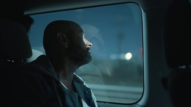 Man with beard sits inside minibus shuttle interior gazing through window during transportation. Passenger rides in van cabin with reflection visible on glass while traveling through urban area.