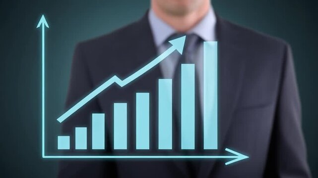 Businessman's hand interacts with rising financial graph showcasing growth during a dark studio setting with subtle lighting