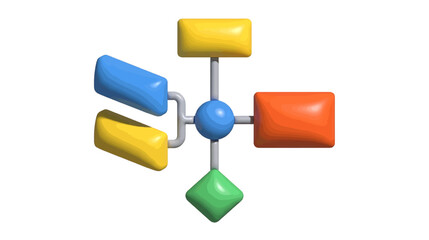 Fototapeta premium Vector illustration of 3d render of a central node connected to various colorful geometric shapes on a transparent background