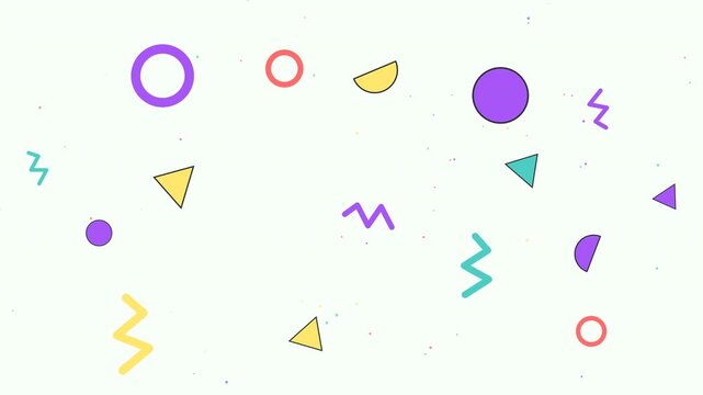 Abstract Memphis Style Geometric Shapes Motion Background, 90s Retro Pop Art Animation with Floating Triangles, Circles, Zigzags and Confetti on Light Green Backdrop, Seamless VJ Loop, 4K