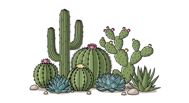 Collection of Various Desert Cacti and Succulents with Saguaro Prickly Pear and Flowering Barrel Cactus