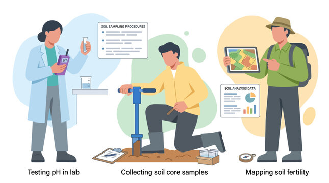 Scientists study soil: lab testing, core sampling, fertility mapping in agriculture