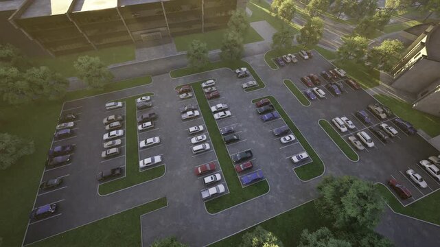 Aerial parking lot at sunset showing organized rows of cars, tarmac lanes, grassy islands and long soft shadows creating tranquil commuter atmosphere and warm