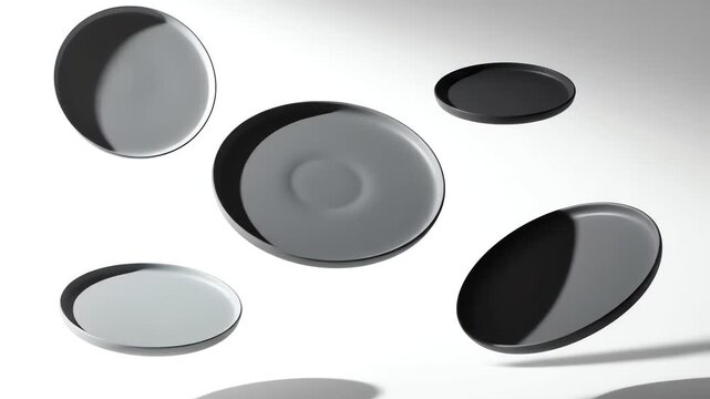 Abstract arrangement of multiple modern metallic plates floating in studio lighting