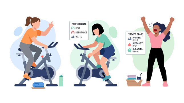 Women exercising on stationary bikes with progress charts and celebrating success